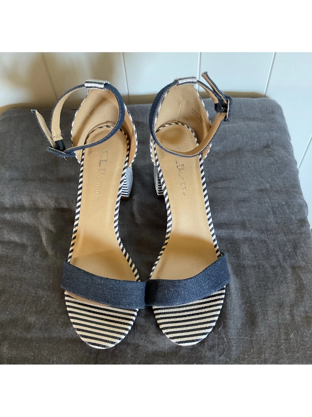 CL by Laundry Navy Striped Ankle-Strap Block Heel Sandals